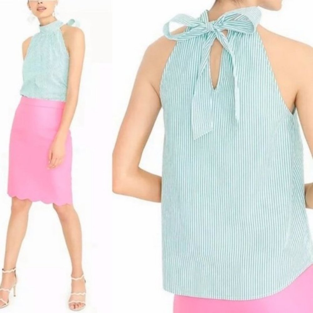 J. Crew Oxford Cotton Tie Neck Top In Green Stripe NWOT